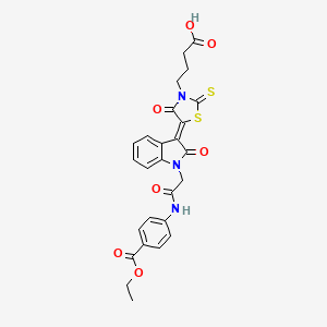 molecular formula C26H23N3O7S2 B12015219 4-[(5Z)-5-(1-{2-[4-(Ethoxycarbonyl)anilino]-2-oxoethyl}-2-oxo-1,2-dihydro-3H-indol-3-ylidene)-4-oxo-2-thioxo-1,3-thiazolidin-3-YL]butanoic acid 