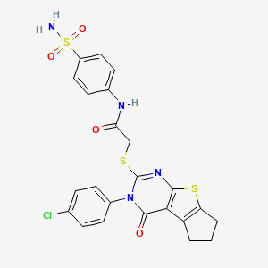 molecular formula C23H19ClN4O4S3 B12015265 2-{[3-(4-chlorophenyl)-4-oxo-3,5,6,7-tetrahydro-4H-cyclopenta[4,5]thieno[2,3-d]pyrimidin-2-yl]sulfanyl}-N-(4-sulfamoylphenyl)acetamide 