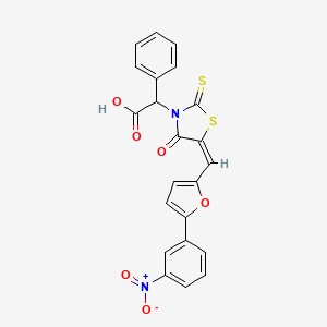 molecular formula C22H14N2O6S2 B12015301 ((5E)-5-{[5-(3-nitrophenyl)-2-furyl]methylene}-4-oxo-2-thioxo-1,3-thiazolidin-3-yl)(phenyl)acetic acid 