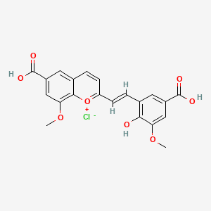 molecular formula C21H17ClO8 B12015352 2-[(E)-2-(5-carboxy-2-hydroxy-3-methoxyphenyl)ethenyl]-8-methoxychromenylium-6-carboxylic acid;chloride 
