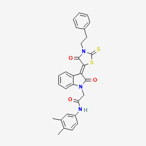 molecular formula C29H25N3O3S2 B12015396 N-(3,4-dimethylphenyl)-2-{(3Z)-2-oxo-3-[4-oxo-3-(2-phenylethyl)-2-thioxo-1,3-thiazolidin-5-ylidene]-2,3-dihydro-1H-indol-1-yl}acetamide 