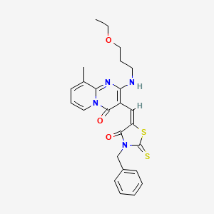 molecular formula C25H26N4O3S2 B12015605 3-[(E)-(3-benzyl-4-oxo-2-thioxo-1,3-thiazolidin-5-ylidene)methyl]-2-[(3-ethoxypropyl)amino]-9-methyl-4H-pyrido[1,2-a]pyrimidin-4-one CAS No. 617693-95-5