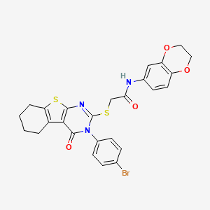 molecular formula C26H22BrN3O4S2 B12015643 2-{[3-(4-bromophenyl)-4-oxo-3,4,5,6,7,8-hexahydro[1]benzothieno[2,3-d]pyrimidin-2-yl]sulfanyl}-N-(2,3-dihydro-1,4-benzodioxin-6-yl)acetamide 