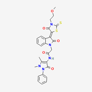 molecular formula C27H25N5O5S2 B12015676 N-(1,5-dimethyl-3-oxo-2-phenyl-2,3-dihydro-1H-pyrazol-4-yl)-2-{(3Z)-3-[3-(2-methoxyethyl)-4-oxo-2-thioxo-1,3-thiazolidin-5-ylidene]-2-oxo-2,3-dihydro-1H-indol-1-yl}acetamide 