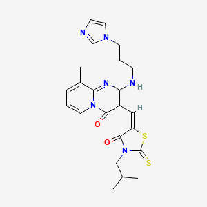 molecular formula C23H26N6O2S2 B12015860 2-{[3-(1H-Imidazol-1-YL)propyl]amino}-3-[(E)-(3-isobutyl-4-oxo-2-thioxo-1,3-thiazolidin-5-ylidene)methyl]-9-methyl-4H-pyrido[1,2-A]pyrimidin-4-one 