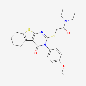 molecular formula C24H29N3O3S2 B12016204 2-{[3-(4-ethoxyphenyl)-4-oxo-3,4,5,6,7,8-hexahydro[1]benzothieno[2,3-d]pyrimidin-2-yl]sulfanyl}-N,N-diethylacetamide 