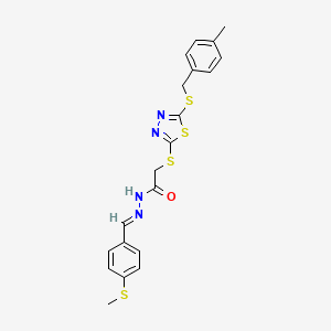 molecular formula C20H20N4OS4 B12016267 2-({5-[(4-methylbenzyl)sulfanyl]-1,3,4-thiadiazol-2-yl}sulfanyl)-N'-{(E)-[4-(methylsulfanyl)phenyl]methylidene}acetohydrazide 