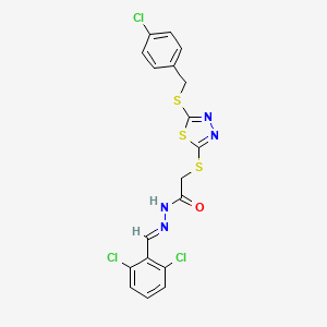 molecular formula C18H13Cl3N4OS3 B12016344 2-({5-[(4-chlorobenzyl)sulfanyl]-1,3,4-thiadiazol-2-yl}sulfanyl)-N'-[(E)-(2,6-dichlorophenyl)methylidene]acetohydrazide 