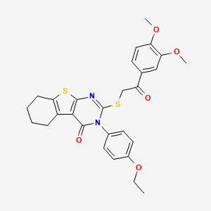 molecular formula C28H28N2O5S2 B12016574 2-{[2-(3,4-dimethoxyphenyl)-2-oxoethyl]sulfanyl}-3-(4-ethoxyphenyl)-5,6,7,8-tetrahydro[1]benzothieno[2,3-d]pyrimidin-4(3H)-one 