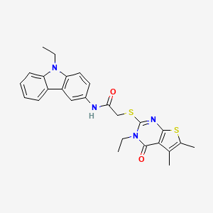 molecular formula C26H26N4O2S2 B12017045 2-((3-Ethyl-5,6-dimethyl-4-oxo-3,4-dihydrothieno[2,3-d]pyrimidin-2-yl)thio)-N-(9-ethyl-9H-carbazol-3-yl)acetamide CAS No. 573669-75-7