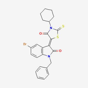 molecular formula C24H21BrN2O2S2 B12017336 (3Z)-1-benzyl-5-bromo-3-(3-cyclohexyl-4-oxo-2-thioxo-1,3-thiazolidin-5-ylidene)-1,3-dihydro-2H-indol-2-one 