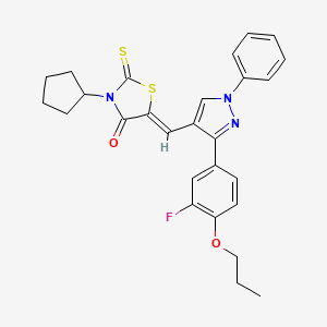 molecular formula C27H26FN3O2S2 B12017633 (5Z)-3-Cyclopentyl-5-{[3-(3-fluoro-4-propoxyphenyl)-1-phenyl-1H-pyrazol-4-YL]methylene}-2-thioxo-1,3-thiazolidin-4-one CAS No. 623939-71-9