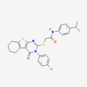 molecular formula C27H26ClN3O2S2 B12017637 2-{[3-(4-Chlorophenyl)-4-oxo-3,4,5,6,7,8-hexahydro[1]benzothieno[2,3-D]pyrimidin-2-YL]sulfanyl}-N-(4-isopropylphenyl)acetamide 