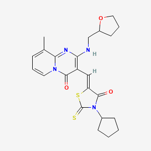 molecular formula C23H26N4O3S2 B12017705 3-[(Z)-(3-Cyclopentyl-4-oxo-2-thioxo-1,3-thiazolidin-5-ylidene)methyl]-9-methyl-2-[(tetrahydro-2-furanylmethyl)amino]-4H-pyrido[1,2-A]pyrimidin-4-one 