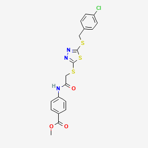 molecular formula C19H16ClN3O3S3 B12018115 Methyl 4-{[({5-[(4-chlorobenzyl)sulfanyl]-1,3,4-thiadiazol-2-yl}sulfanyl)acetyl]amino}benzoate 