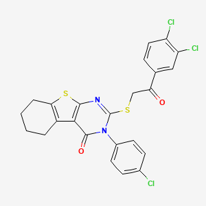 molecular formula C24H17Cl3N2O2S2 B12018383 3-(4-chlorophenyl)-2-{[2-(3,4-dichlorophenyl)-2-oxoethyl]sulfanyl}-5,6,7,8-tetrahydro[1]benzothieno[2,3-d]pyrimidin-4(3H)-one CAS No. 618432-10-3