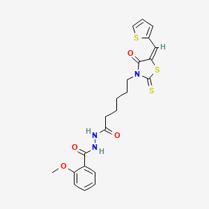 molecular formula C22H23N3O4S3 B12018435 2-Methoxy-N'-{6-[(5E)-4-oxo-5-(2-thienylmethylene)-2-thioxo-1,3-thiazolidin-3-YL]hexanoyl}benzohydrazide 