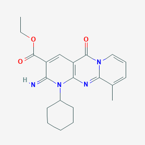 molecular formula C21H24N4O3 B12019035 ethyl 7-cyclohexyl-6-imino-11-methyl-2-oxo-1,7,9-triazatricyclo[8.4.0.03,8]tetradeca-3(8),4,9,11,13-pentaene-5-carboxylate CAS No. 510762-26-2