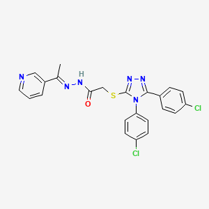 molecular formula C23H18Cl2N6OS B12019132 2-{[4,5-bis(4-chlorophenyl)-4H-1,2,4-triazol-3-yl]sulfanyl}-N'-[(E)-1-(3-pyridinyl)ethylidene]acetohydrazide 
