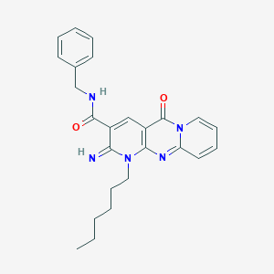 molecular formula C25H27N5O2 B12019141 N-benzyl-7-hexyl-6-imino-2-oxo-1,7,9-triazatricyclo[8.4.0.03,8]tetradeca-3(8),4,9,11,13-pentaene-5-carboxamide CAS No. 608106-45-2