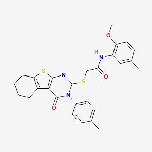 molecular formula C27H27N3O3S2 B12019392 N-(2-methoxy-5-methylphenyl)-2-{[3-(4-methylphenyl)-4-oxo-3,4,5,6,7,8-hexahydro[1]benzothieno[2,3-d]pyrimidin-2-yl]sulfanyl}acetamide 
