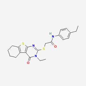 molecular formula C22H25N3O2S2 B12019449 2-[(3-ethyl-4-oxo-3,4,5,6,7,8-hexahydro[1]benzothieno[2,3-d]pyrimidin-2-yl)sulfanyl]-N-(4-ethylphenyl)acetamide CAS No. 577960-12-4