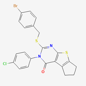 molecular formula C22H16BrClN2OS2 B12019784 2-[(4-bromobenzyl)sulfanyl]-3-(4-chlorophenyl)-3,5,6,7-tetrahydro-4H-cyclopenta[4,5]thieno[2,3-d]pyrimidin-4-one 