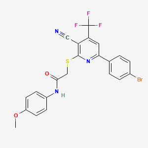 molecular formula C22H15BrF3N3O2S B12021809 2-{[6-(4-Bromophenyl)-3-cyano-4-(trifluoromethyl)-2-pyridinyl]sulfanyl}-N-(4-methoxyphenyl)acetamide 