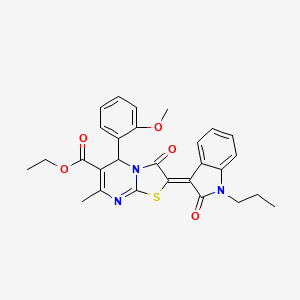 molecular formula C28H27N3O5S B12021856 ethyl (2Z)-5-(2-methoxyphenyl)-7-methyl-3-oxo-2-(2-oxo-1-propyl-1,2-dihydro-3H-indol-3-ylidene)-2,3-dihydro-5H-[1,3]thiazolo[3,2-a]pyrimidine-6-carboxylate 
