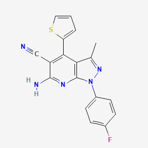 molecular formula C18H12FN5S B1202279 6-Amino-1-(4-fluorophenyl)-3-methyl-4-thiophen-2-yl-5-pyrazolo[3,4-b]pyridinecarbonitrile 