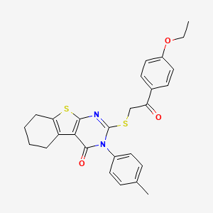 molecular formula C27H26N2O3S2 B12023092 2-{[2-(4-ethoxyphenyl)-2-oxoethyl]sulfanyl}-3-(4-methylphenyl)-5,6,7,8-tetrahydro[1]benzothieno[2,3-d]pyrimidin-4(3H)-one CAS No. 499124-12-8