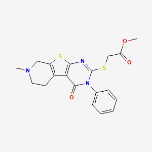 molecular formula C19H19N3O3S2 B1202328 2-[(7-methyl-4-oxo-3-phenyl-6,8-dihydro-5H-pyrido[2,3]thieno[2,4-b]pyrimidin-2-yl)thio]acetic acid methyl ester 
