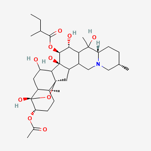 molecular formula C34H53NO10 B1202369 3-(Acetyloxy)-4,7,14,16,20-pentahydroxy-4,9-epoxycevan-15-yl 2-methylbutanoate 