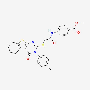 molecular formula C27H25N3O4S2 B12024237 Methyl 4-[({[3-(4-methylphenyl)-4-oxo-3,4,5,6,7,8-hexahydro[1]benzothieno[2,3-d]pyrimidin-2-yl]sulfanyl}acetyl)amino]benzoate 
