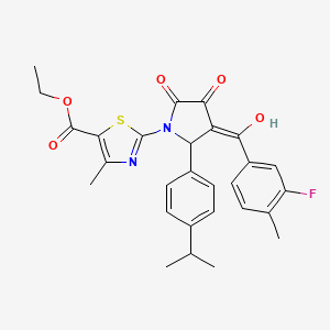 molecular formula C28H27FN2O5S B12027920 Ethyl 2-[3-(3-fluoro-4-methylbenzoyl)-4-hydroxy-2-(4-isopropylphenyl)-5-oxo-2,5-dihydro-1H-pyrrol-1-YL]-4-methyl-1,3-thiazole-5-carboxylate 