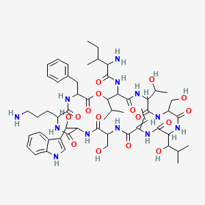 molecular formula C57H84N12O16 B1203027 2-amino-N-[6-(3-aminopropyl)-3-benzyl-15-ethylidene-24-(1-hydroxyethyl)-9-[hydroxy(1H-indol-3-yl)methyl]-12,21-bis(hydroxymethyl)-18-(1-hydroxy-2-methylpropyl)-2,5,8,11,14,17,20,23,26-nonaoxo-28-propan-2-yl-1-oxa-4,7,10,13,16,19,22,25-octazacyclooctacos-27-yl]-3-methylpentanamide 
