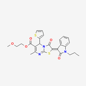 molecular formula C26H25N3O5S2 B12030808 2-Methoxyethyl (2Z)-7-methyl-3-oxo-2-(2-oxo-1-propyl-1,2-dihydro-3H-indol-3-ylidene)-5-(2-thienyl)-2,3-dihydro-5H-[1,3]thiazolo[3,2-A]pyrimidine-6-carboxylate 
