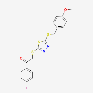 molecular formula C18H15FN2O2S3 B12030836 1-(4-Fluorophenyl)-2-({5-[(4-methoxybenzyl)sulfanyl]-1,3,4-thiadiazol-2-yl}sulfanyl)ethanone 