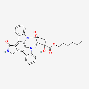 molecular formula C32H31N3O5 B1203166 hexyl 16-hydroxy-15-methyl-3-oxo-28-oxa-4,14,19-triazaoctacyclo[12.11.2.115,18.02,6.07,27.08,13.019,26.020,25]octacosa-1,6,8,10,12,20,22,24,26-nonaene-16-carboxylate 