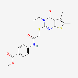 molecular formula C20H21N3O4S2 B12031757 Methyl 4-({[(3-ethyl-5,6-dimethyl-4-oxo-3,4-dihydrothieno[2,3-d]pyrimidin-2-yl)sulfanyl]acetyl}amino)benzoate CAS No. 618427-61-5