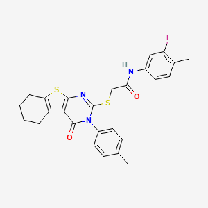 molecular formula C26H24FN3O2S2 B12031814 N-(3-fluoro-4-methylphenyl)-2-{[3-(4-methylphenyl)-4-oxo-3,4,5,6,7,8-hexahydro[1]benzothieno[2,3-d]pyrimidin-2-yl]sulfanyl}acetamide 