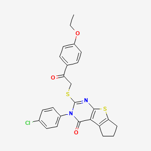 molecular formula C25H21ClN2O3S2 B12032423 3-(4-chlorophenyl)-2-{[2-(4-ethoxyphenyl)-2-oxoethyl]sulfanyl}-3,5,6,7-tetrahydro-4H-cyclopenta[4,5]thieno[2,3-d]pyrimidin-4-one 