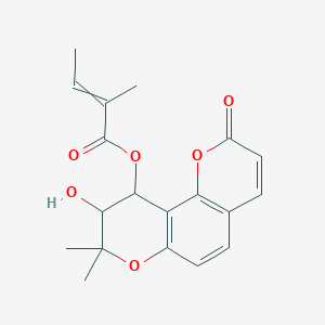 molecular formula C19H20O6 B1203306 9-hydroxy-8,8-dimethyl-2-oxo-9H,10H-pyrano[2,3-h]chromen-10-yl (2E)-2-methylbut-2-enoate 