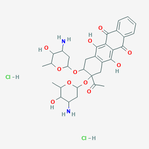 molecular formula C32H40Cl2N2O11 B1203331 9-acetyl-8,9-bis[(4-amino-5-hydroxy-6-methyloxan-2-yl)oxy]-6,11-dihydroxy-8,10-dihydro-7H-tetracene-5,12-dione;dihydrochloride CAS No. 99457-12-2