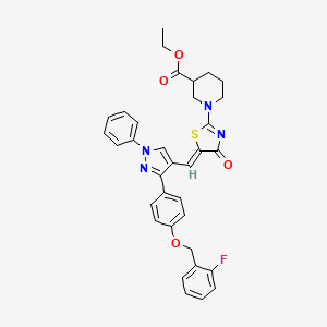 molecular formula C34H31FN4O4S B12034025 ethyl 1-{(5Z)-5-[(3-{4-[(2-fluorobenzyl)oxy]phenyl}-1-phenyl-1H-pyrazol-4-yl)methylidene]-4-oxo-4,5-dihydro-1,3-thiazol-2-yl}piperidine-3-carboxylate 