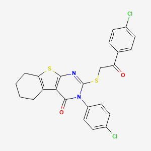 molecular formula C24H18Cl2N2O2S2 B12034089 3-(4-chlorophenyl)-2-{[2-(4-chlorophenyl)-2-oxoethyl]sulfanyl}-5,6,7,8-tetrahydro[1]benzothieno[2,3-d]pyrimidin-4(3H)-one CAS No. 573930-44-6
