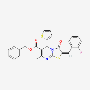 molecular formula C26H19FN2O3S2 B12034574 benzyl (2E)-2-(2-fluorobenzylidene)-7-methyl-3-oxo-5-(2-thienyl)-2,3-dihydro-5H-[1,3]thiazolo[3,2-a]pyrimidine-6-carboxylate 