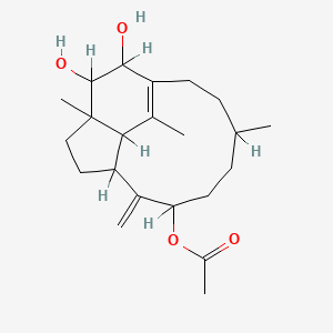 molecular formula C22H34O4 B1203617 13,14-Dihydroxy-1,8,12-trimethyl-4-methylidene-1,2,3,3a,4,5,6,7,8,9,10,12a-dodecahydro-1,11-ethanocyclopenta[11]annulen-5-yl acetate CAS No. 60791-30-2