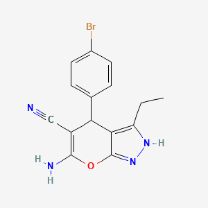 molecular formula C15H13BrN4O B12036338 6-Amino-4-(4-bromophenyl)-3-ethyl-1,4-dihydropyrano[2,3-c]pyrazole-5-carbonitrile 