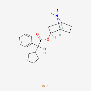 molecular formula C21H30BrNO3 B1203718 7-Azoniabicyclo(2.2.1)heptane, 2-((cyclopentylhydroxyphenylacetyl)oxy)-7,7-dimethyl-, bromide CAS No. 84095-08-9